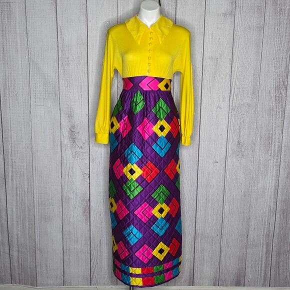 VTG Mr Jac JR by Martin Marks Groovy Maxi Dress - Dagger Collar & Quilted Skirt - Picture 2 of 11